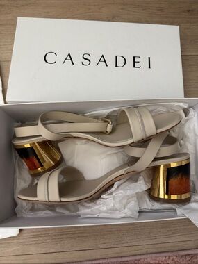 Casadei Cream Leather Sandals with Sculpted Gold & Brown Block Heel